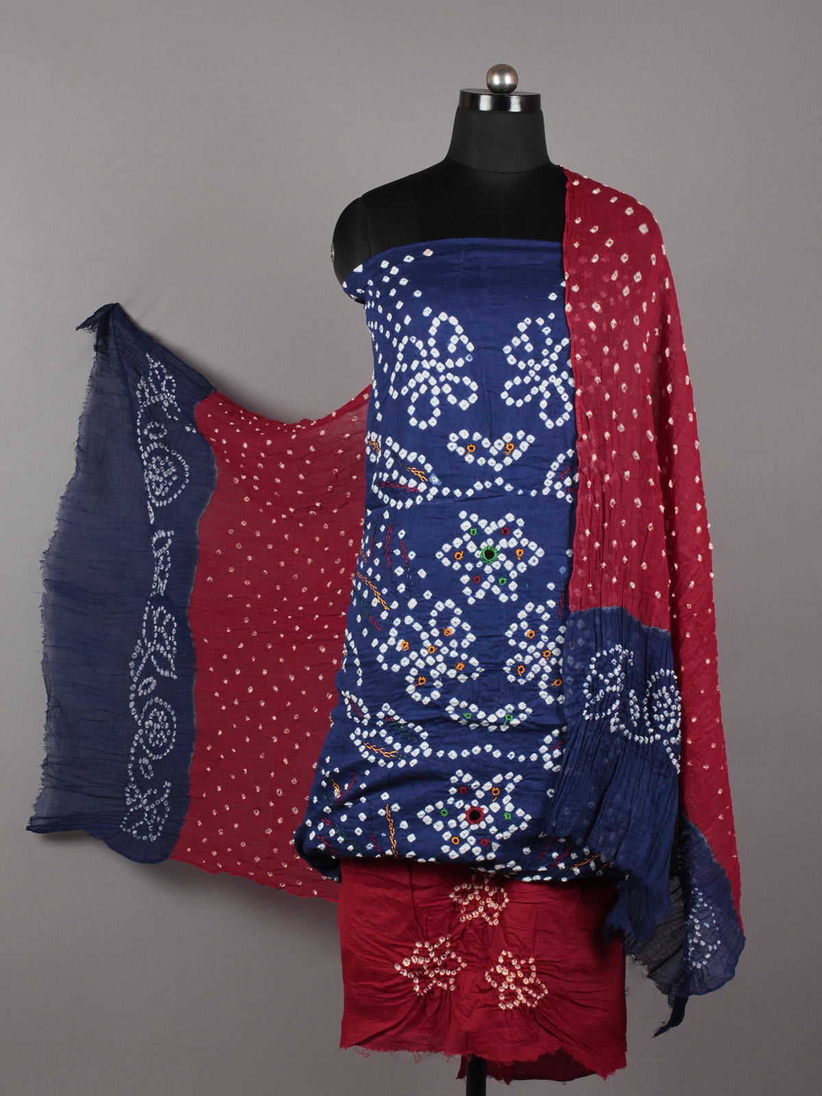 Blue Maroon White Hand Tie & Dye Bandhej Suit Salwar Dupatta (Set of 3) With Hand Embroidery & Mirror Work - S16281242