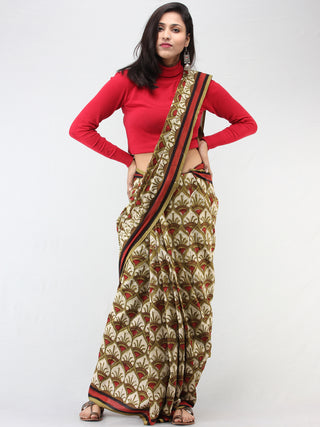 Olive Green Ivory Red Hand Block Printed Cotton Mul Saree - S031704453
