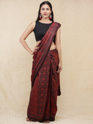 Crimson Red Black Dark Brown Ajrakh Hand Block Printed Modal Silk Saree - S031704151