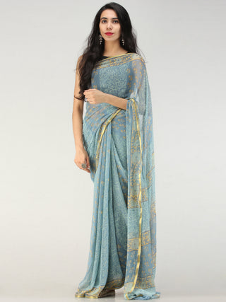 Baby Blue Mustard Hand Block Printed Chiffon Saree with Zari Border - S031704554