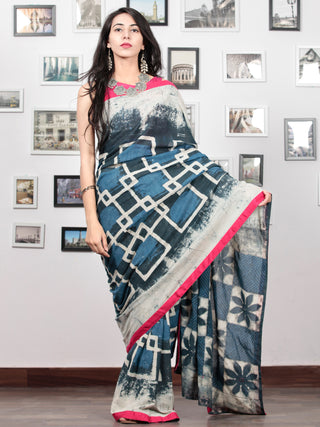 Indigo Grey White Hand Block Printed Cotton Mul Saree With Magenta Border & Mirror Work - S031703016