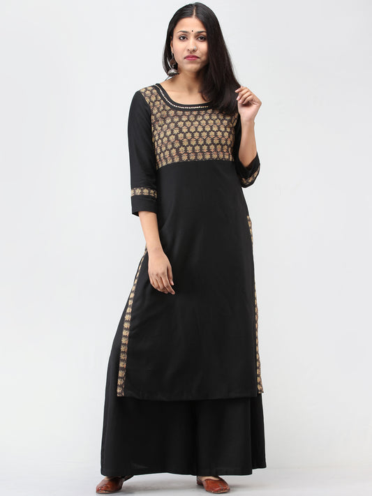 Black Brown Ajrakh Hand Block Printed Cotton Kurta With Sequence Work  - K205F1537