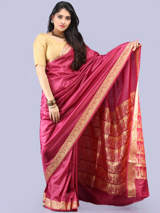 Banarasee Semi Silk Self Weave Saree With Resham Border - Plum & Golden - S031704289