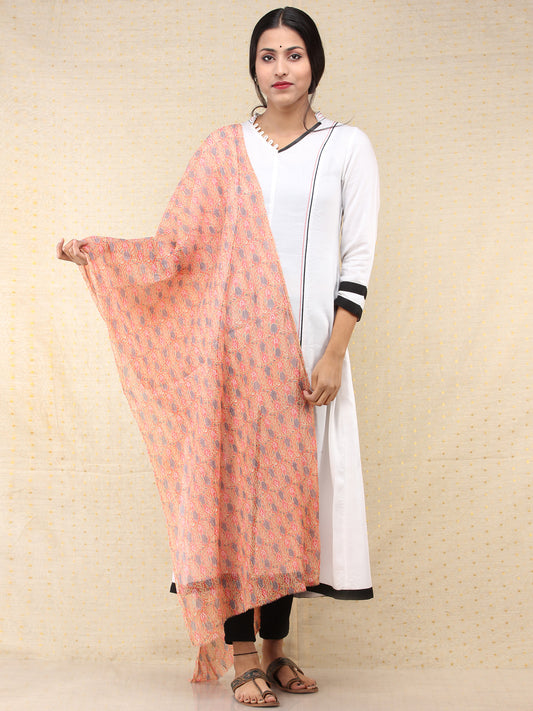 Peach Grey Coral Georgette Hand Block Printed Dupatta  - D04170688