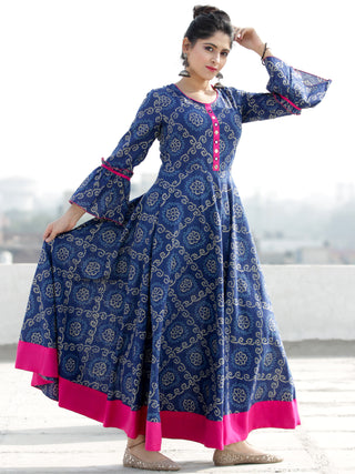 Maher - Indigo Bandhani Printed Urave Cut Long Dress  - D381F2054