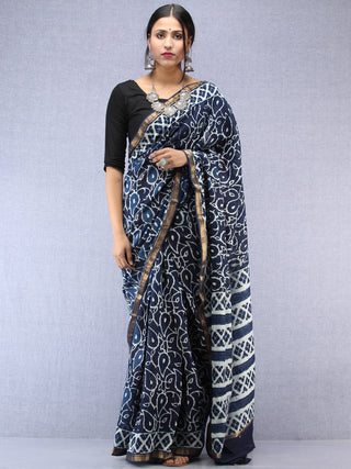 Indigo Ivory Hand Block Printed Maheshwari Silk Saree With Zari Border - S031704480