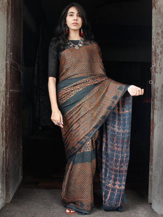 Lead Black Rust Ajrakh Hand Block Printed Modal Silk Saree in Natural Colors - S031703512