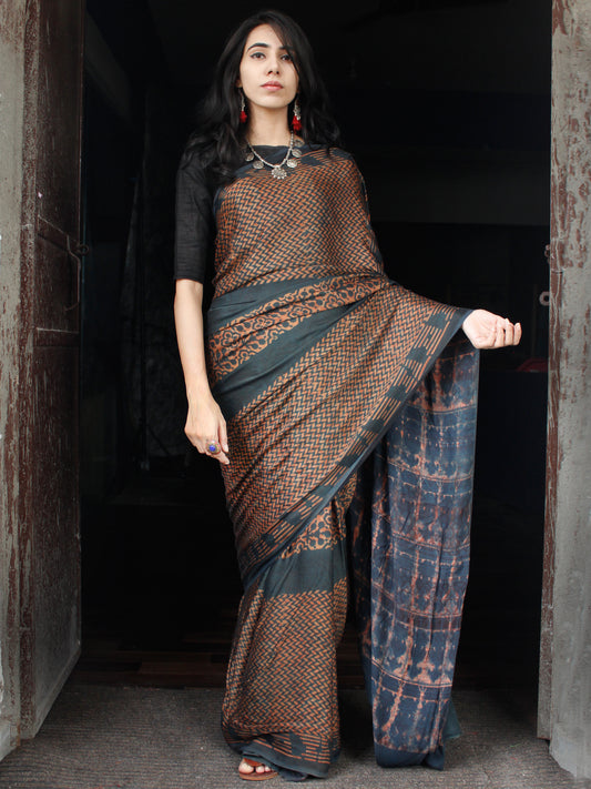 Lead Black Rust Ajrakh Hand Block Printed Modal Silk Saree in Natural Colors - S031703512