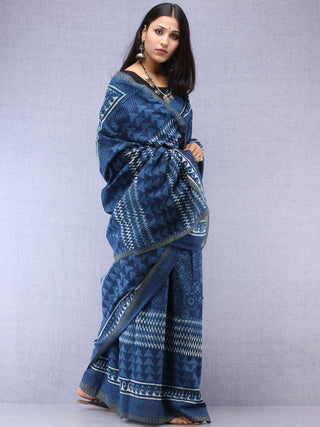 Indigo Ivory Hand Block Printed Chanderi Saree With Geecha Border - S031704505