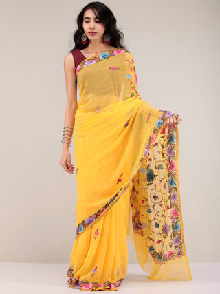 Yellow Aari Embroidered Georgette Saree From Kashmir - S031704624