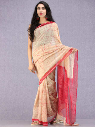 Apricot White Red Hand Block Printed Kota Doria Saree - S031704584