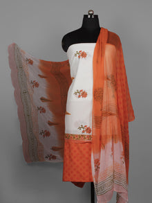 White Orange Hand Block Printed Cotton Suit-Salwar Fabric With Chiffon Dupatta (Set of 3) - S16281278