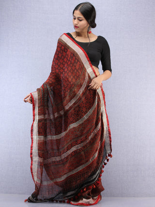 Brick Red Black Ajrakh Hand Block Printed Handwoven Linen Saree With Tassels And Zari Border - S031704451