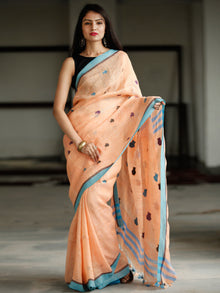 Peach Blue Handwoven Linen Jamdani Saree With Pot Motif - S031703773