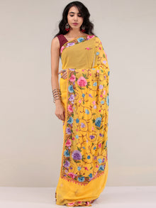 Yellow Aari Embroidered Georgette Saree From Kashmir - S031704624