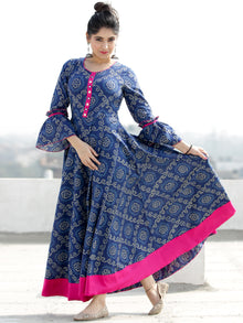 Maher - Indigo Bandhani Printed Urave Cut Long Dress  - D381F2054