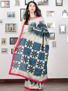 Indigo Grey White Hand Block Printed Cotton Mul Saree With Magenta Border & Mirror Work - S031703016