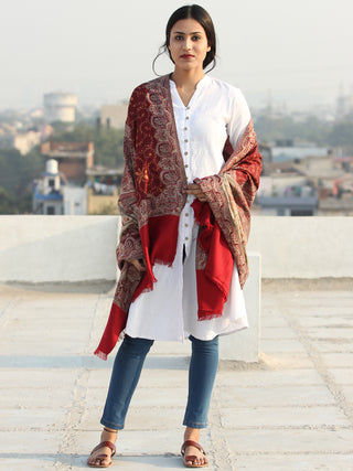 Maroon Beige Jamawar Needle Embroidered Woollen Kashmiri Shawl - S200549