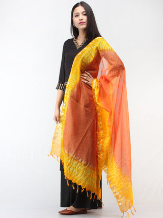 Kota Doria Tie & Die Dupatta  With Zari Border - Orange & Yellow - D04170893