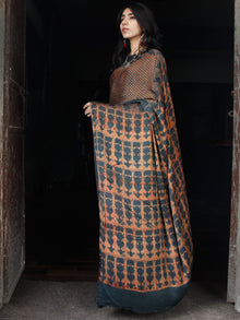 Lead Black Rust Ajrakh Hand Block Printed Modal Silk Saree in Natural Colors - S031703512