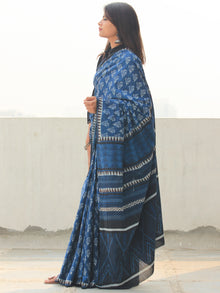 Indigo Black Hand Block Printed  Cotton Mul Saree - S031704099