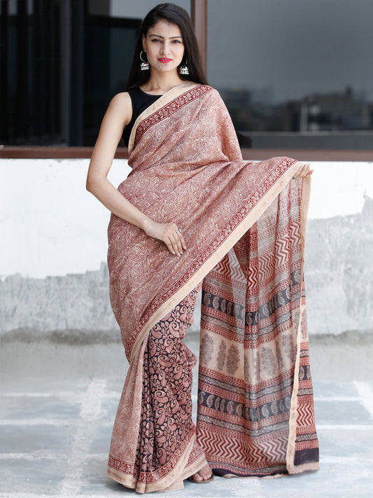 Beige Maroon Black Bagh Hand Block Printed Maheswari Silk Saree With Resham Border - S031703827