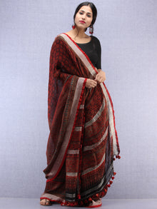 Brick Red Black Ajrakh Hand Block Printed Handwoven Linen Saree With Tassels And Zari Border - S031704451