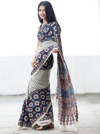 Off White Indigo Black Maroon Ajrakh Hand Block Printed Modal Silk Saree in Natural Colors - S031703695
