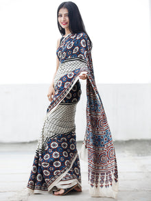 Off White Indigo Black Maroon Ajrakh Hand Block Printed Modal Silk Saree in Natural Colors - S031703695