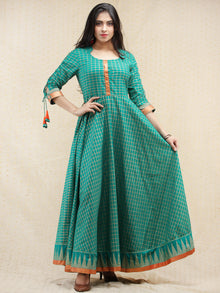 Nazma - Sea Green Gold Checks Printed Long Urave Cut Dress - D378F1996