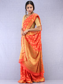 Banarasee Chiffon Saree With Golden Zari Weave - Coral & Gold - S031704356