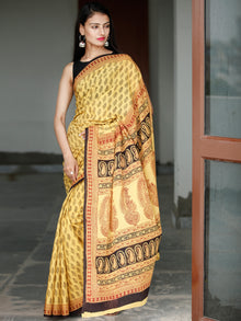 Yellow Maroon Black Bagh Hand Block Printed Cotton Saree - S031703818