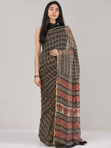 Black Beige Red Hand Block Printed Chiffon Saree With Zari Border - S031704683