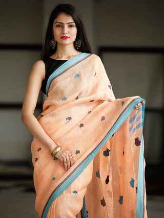 Peach Blue Handwoven Linen Jamdani Saree With Pot Motif - S031703773