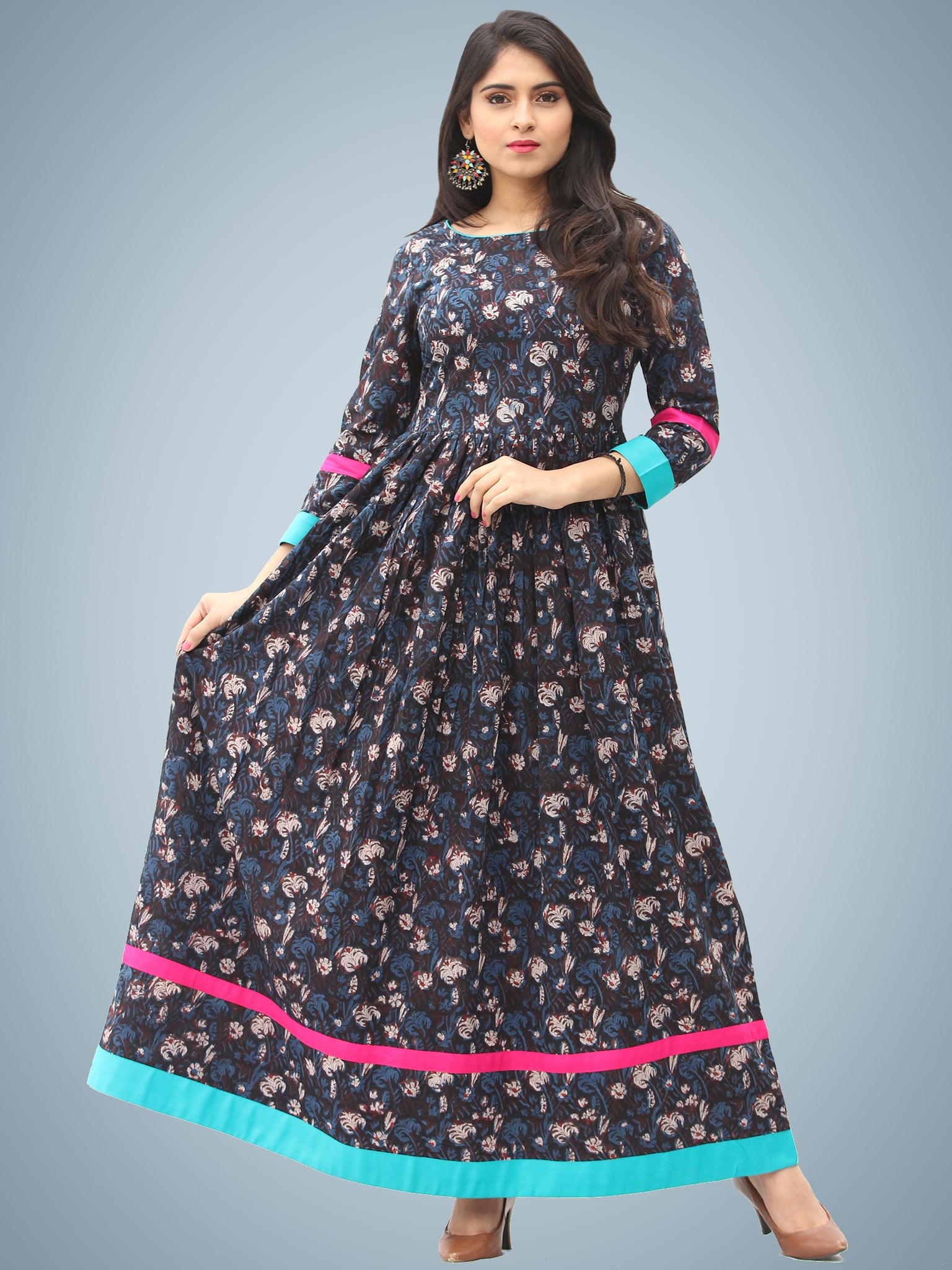Nadya - Hand Block Printed Cotton Long Dress With Back Detailing - D13 InduBindu Nadya - Hand Block Printed Cotton Long Dress With Back Detailing - D13 InduBindu