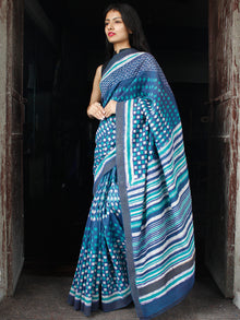 Indigo Green White Chanderi Silk Hand Block Printed Saree With Geecha Border - S031703982