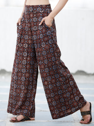 Black Indigo Maroon Ajrakh Hand Block Printed Semi Elasticated Waist Pleated Cotton Palazzo - P11F1686
