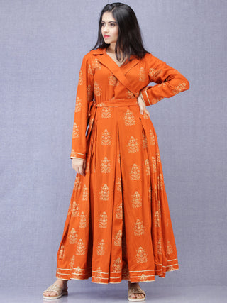 Jahanara - Rust Orange Gold Printed Long Box Pleated Dress - D379F2003