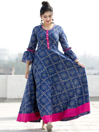 Maher - Indigo Bandhani Printed Urave Cut Long Dress  - D381F2054