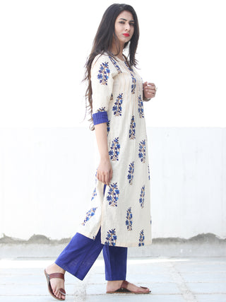 Off White Royal Blue Cotton Block Printed Kurta & Pants - Set of 2 - SS01F052