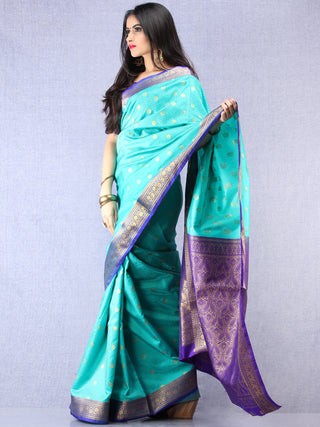 Banarasee Art Silk Self Weave Saree With Zari Work - Green Purple Gold  - S031704379