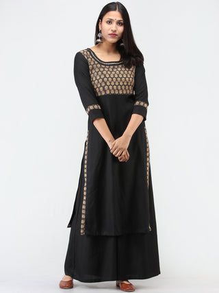 Black Brown Ajrakh Hand Block Printed Cotton Kurta With Sequence Work  - K205F1537
