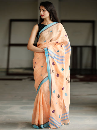 Peach Blue Handwoven Linen Jamdani Saree With Pot Motif - S031703773