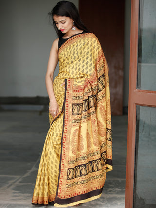 Yellow Maroon Black Bagh Hand Block Printed Cotton Saree - S031703818