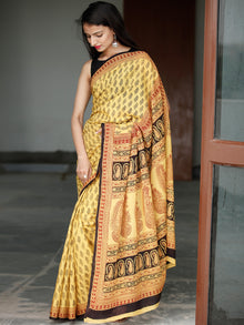 Yellow Maroon Black Bagh Hand Block Printed Cotton Saree - S031703818