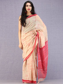 Apricot White Red Hand Block Printed Kota Doria Saree - S031704584