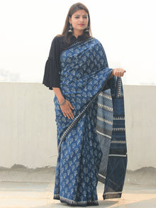 Indigo Black Hand Block Printed  Cotton Mul Saree - S031704099