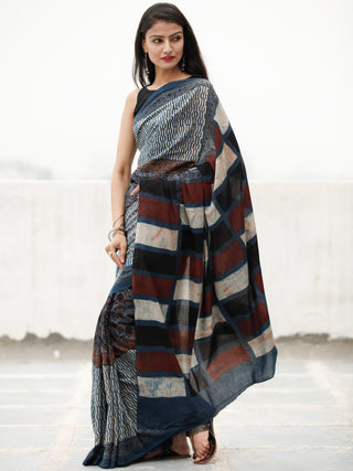 Indigo Ivory Maroon Black Ajrakh Hand Block Printed Cotton Saree in Natural Colors - S031703807