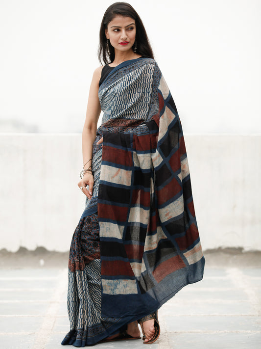 Indigo Ivory Maroon Black Ajrakh Hand Block Printed Cotton Saree in Natural Colors - S031703807