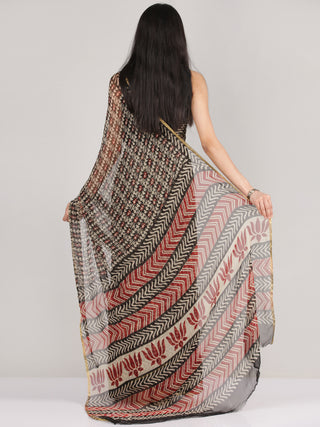 Black Beige Red Hand Block Printed Chiffon Saree With Zari Border - S031704683